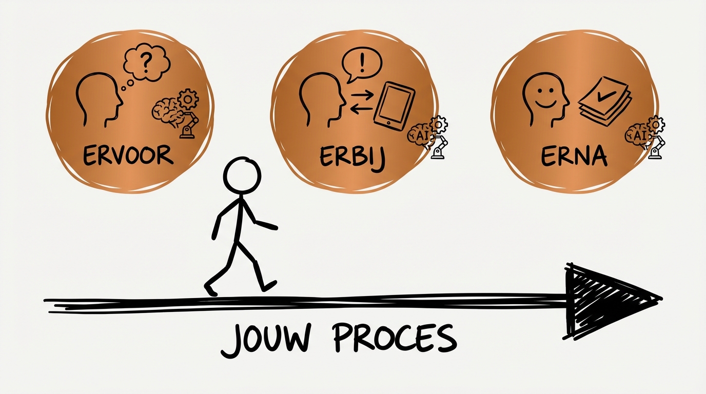 Napkin sketch: AI ondersteunt ervoor, erbij en erna — jouw proces blijft centraal
