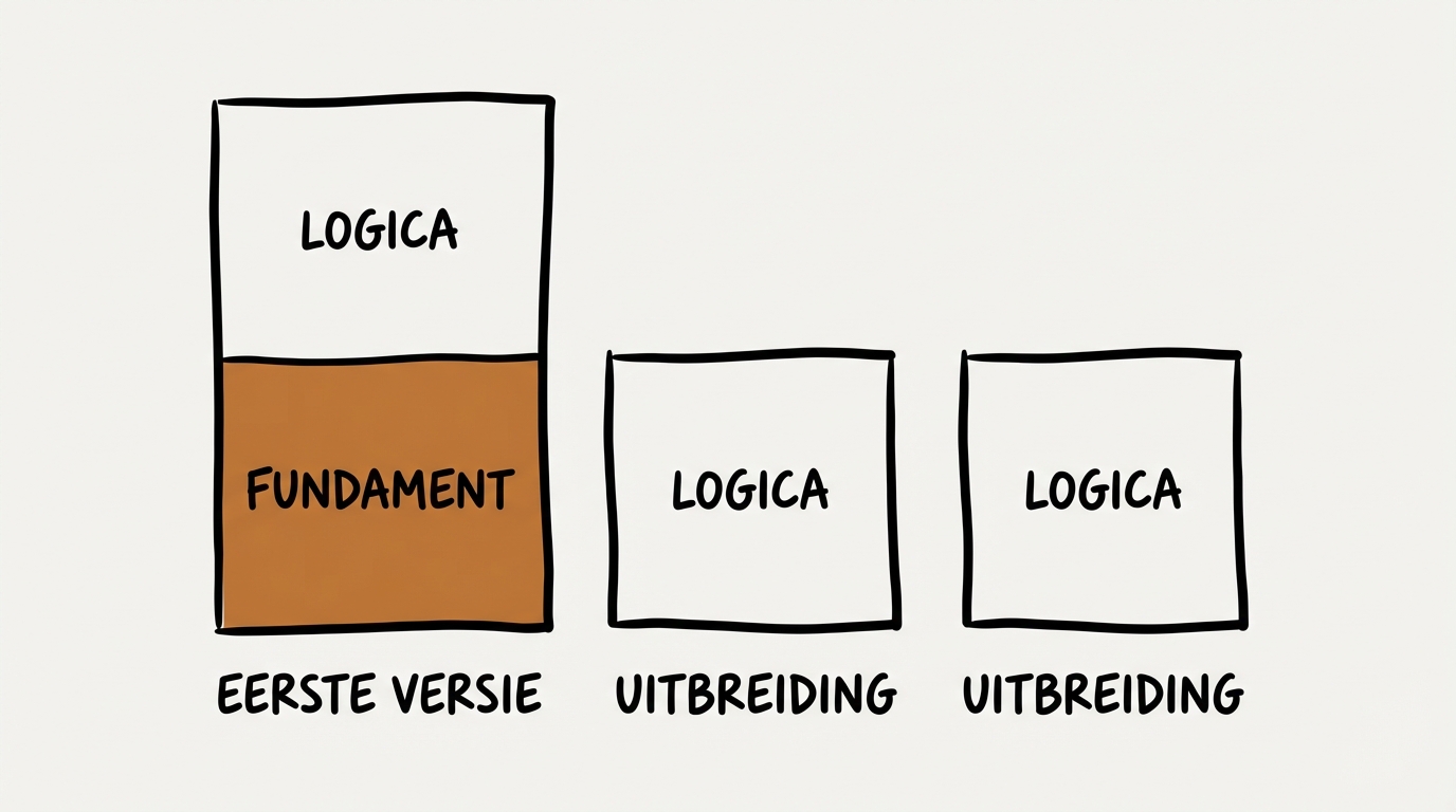 Napkin sketch: eerste versie bevat fundament + logica, uitbreidingen zijn alleen logica