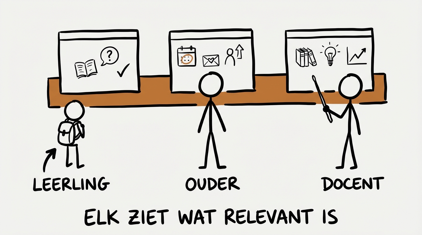 Drie portals: leerling, ouder en docent — elk ziet wat relevant is