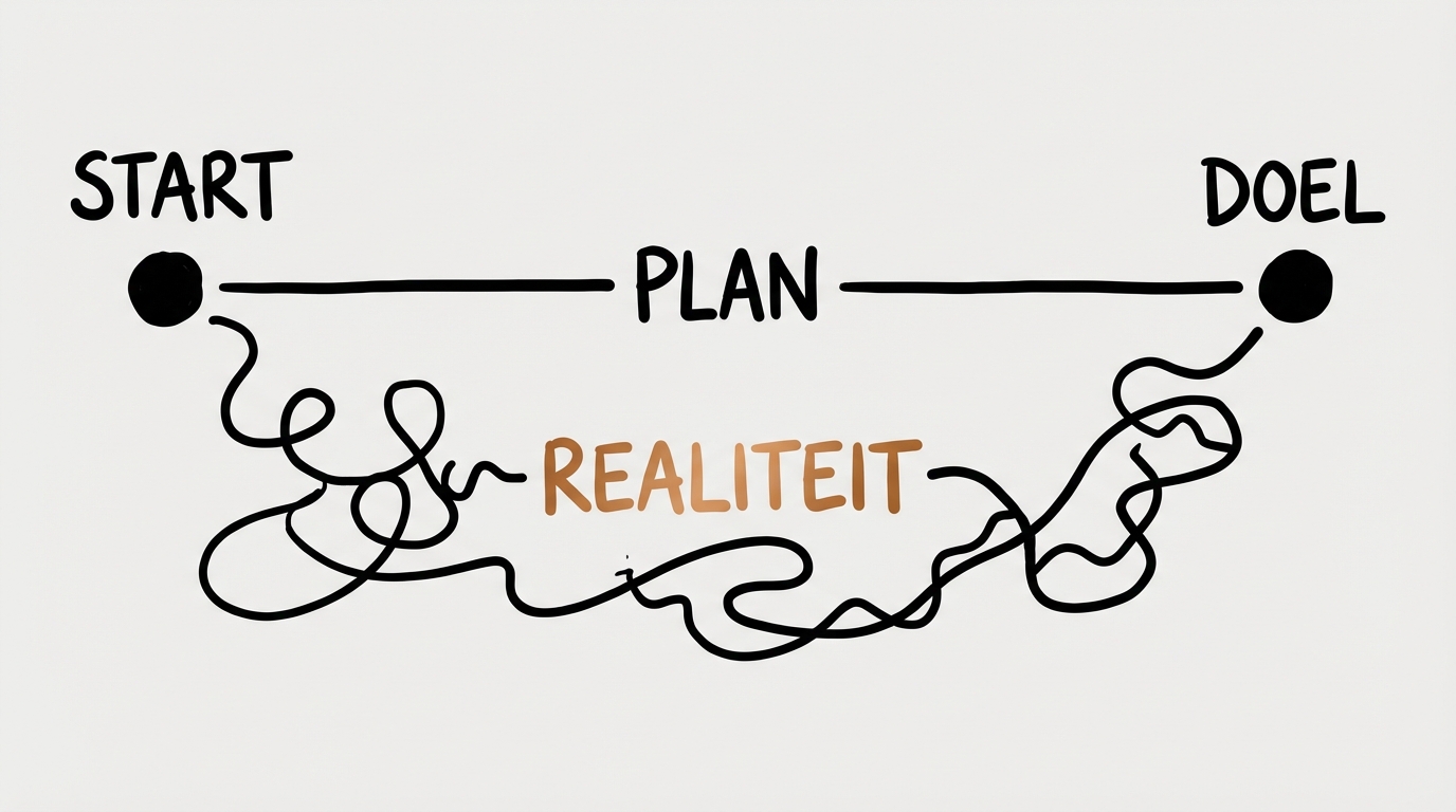 Napkin sketch: plan vs realiteit — het pad is nooit een rechte lijn