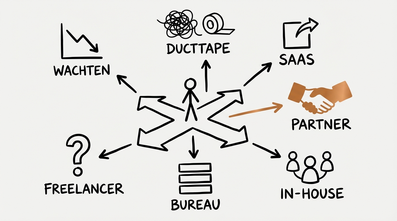 Napkin sketch: zes opties — ducttape, SaaS, freelancer, bureau, in-house, partner